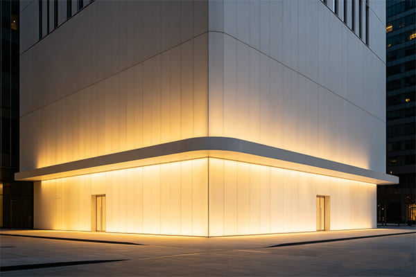 A building facade with zoned lighting, where the base is slightly brighter than the top.